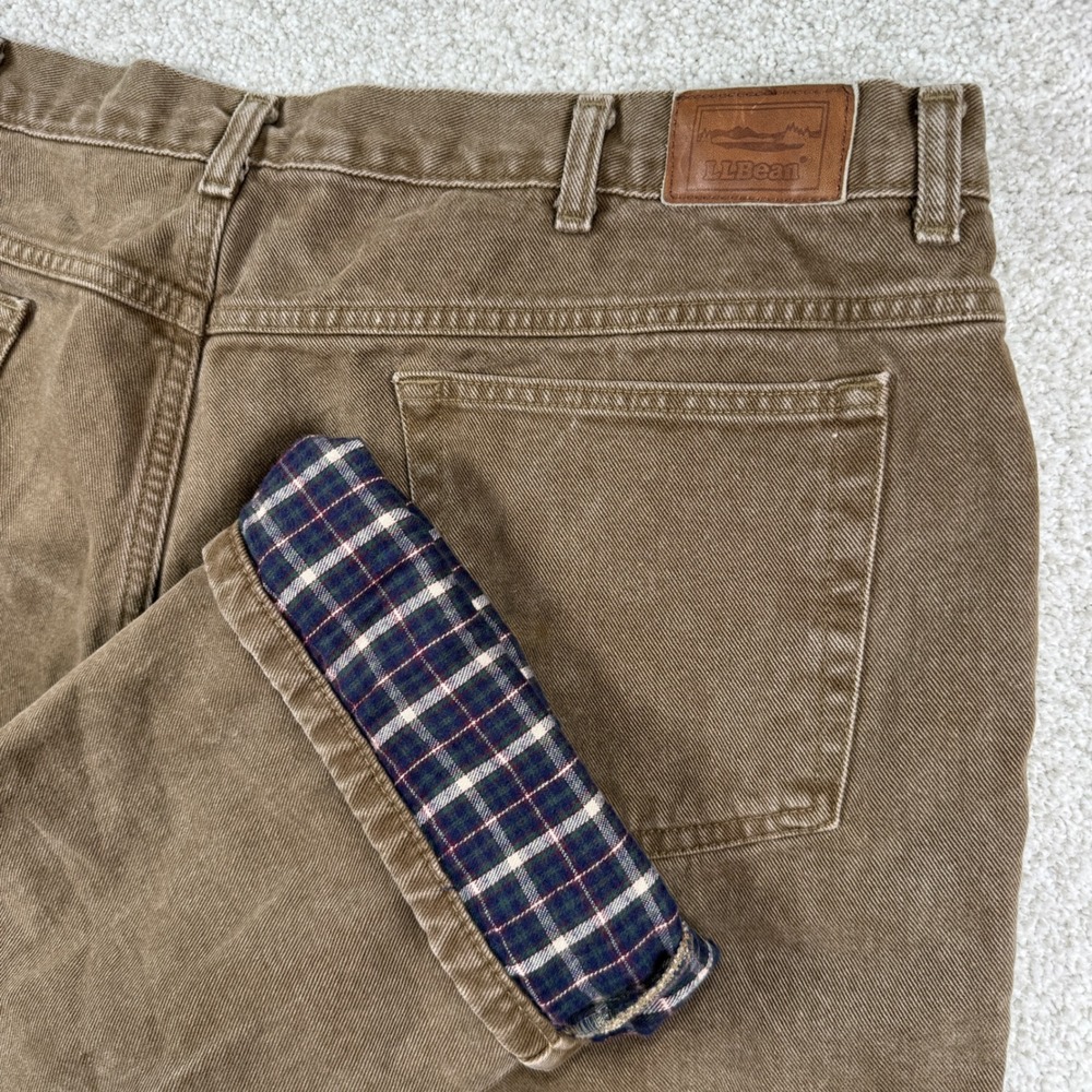 LL Bean Flannel Lined Pants Mens 42x32 Brown Plaid Canvas Work Trousers
